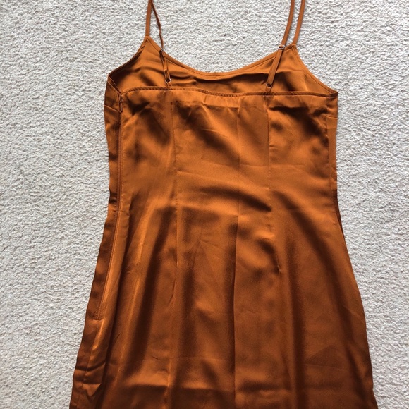 Abercrombie & Fitch Copper Brown Havana Gold Satin Slip MIDI Dress Slit Scoop S - Picture 7 of 8